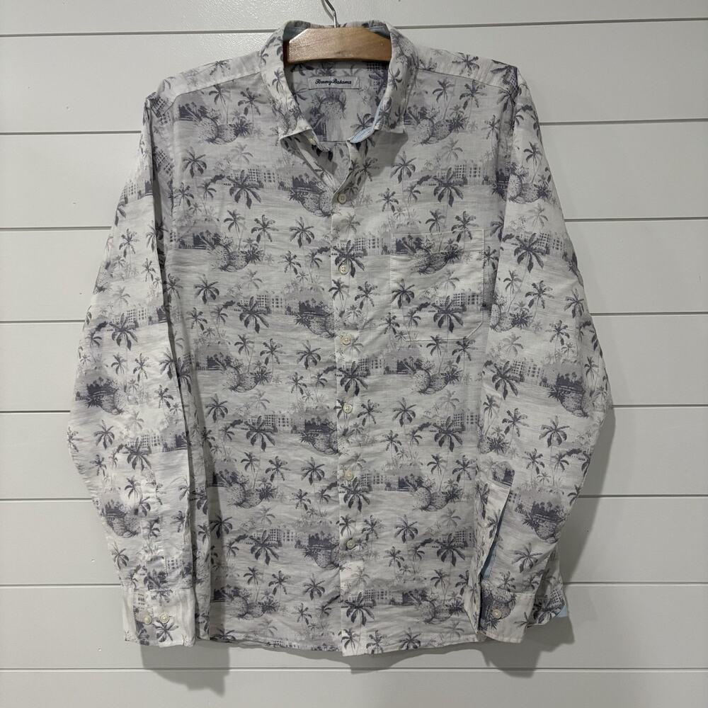 Tommy Bahama | Shirt Long Sleeve Linen Blend Button Front Palm Tree- Large